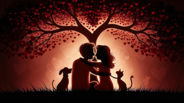 Para całująca się pod drzewem ze słowami "miłość"