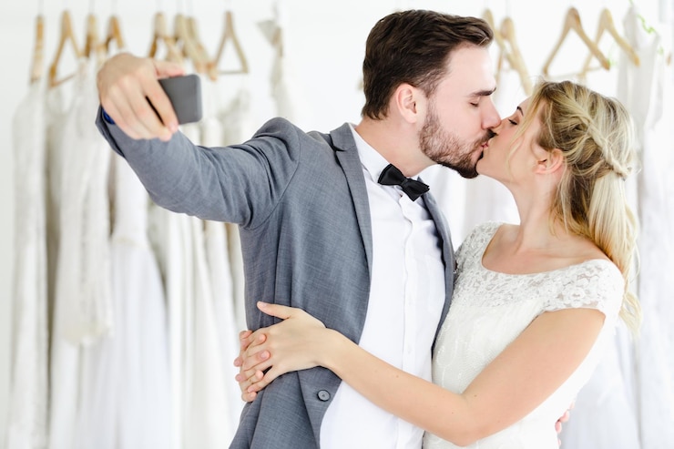 Zdjęcie para całująca się podczas robienia selfie w sklepie ślubnym