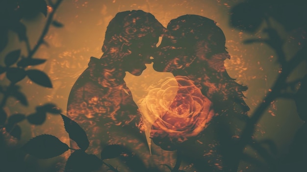 Para całuje się przed krzewem różanym na ciemnym tle