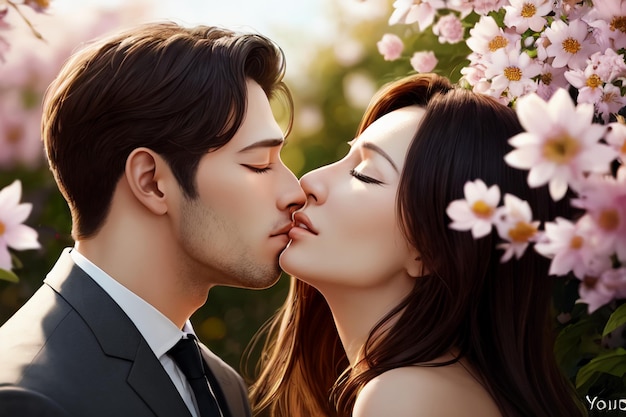 Para całuje się przed polem kwiatowym
