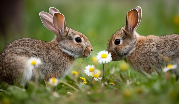 Para ciekawych królików wąchających świeżo kwitnące kwiaty