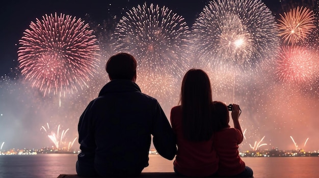Zdjęcie para cieszy się noworocznymi fajerwerkami.