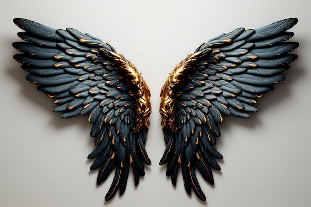 Zdjęcie para czarnych aniołowych skrzydeł czarno-niebieskich z złotym białym tłem