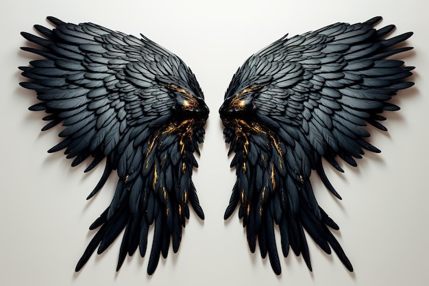 Para czarnych aniołowych skrzydeł czarno-niebieskich z złotym białym tłem