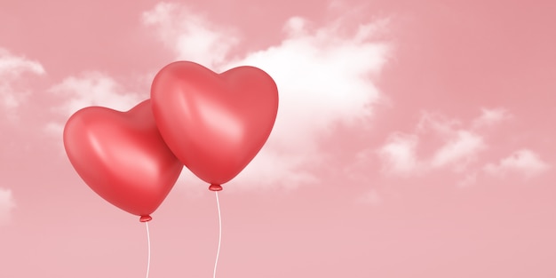 Para czerwoni balony na miłości niebie i różowym tle z walentynka festiwalem. Romantyczne serca