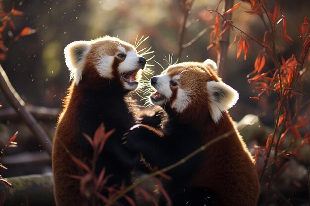 Zdjęcie para czerwonych pand bawiących się w lesie bambusowym ich puszysty ogon spleciony w zabawny taniec