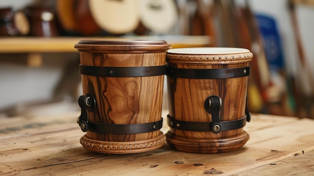 Para drewnianych bongo siedzi na drewnianym stole w studiu muzycznym