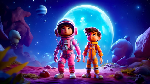 Para dzieci stoi obok siebie przed księżycem Generatywna sztuczna inteligencja