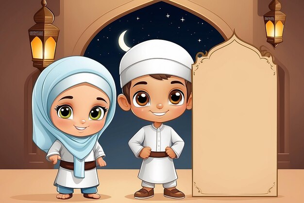 Para dzieci z pustym banerem Ramadan Kareem Ilustracja karikaturowa