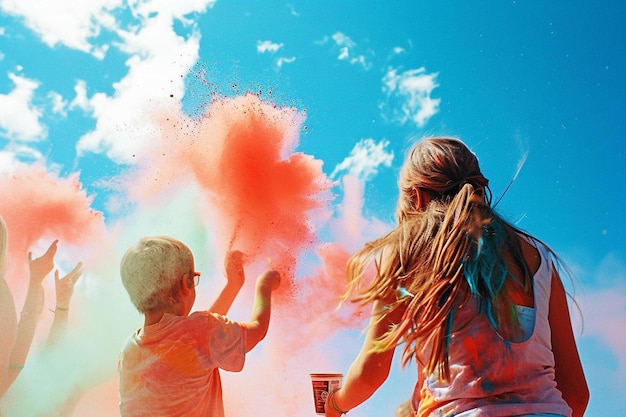 Zdjęcie para dzieciaków bawiących się kolorowym proszkiem