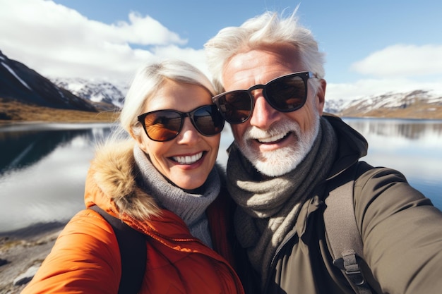Para emerytów w okularach przeciwsłonecznych robi selfie na smartfonie podczas podróży w górach