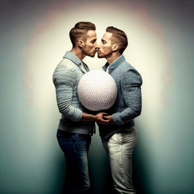 Para gejów całująca się z dużą piłką między nimi w studio nakręconym Generative AI