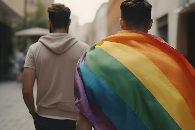 Para gejów z tęczową flagą LGBT na paradzie dumy gejowskiej