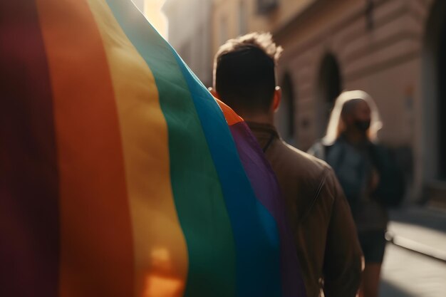 Para gejów z tęczową flagą LGBT na paradzie dumy gejowskiej