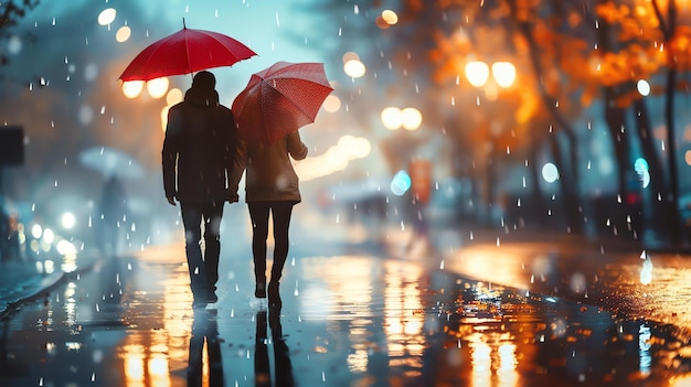 Para idzie wilgotną ulicą, pada deszcz, a ulica odbija światła miasta.