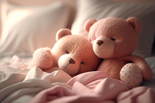 Para kochanków, pluszowe niedźwiedzie uściskające się i śpiące na łóżku.