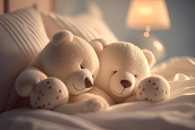 Para kochanków, pluszowe niedźwiedzie uściskające się i śpiące na łóżku.
