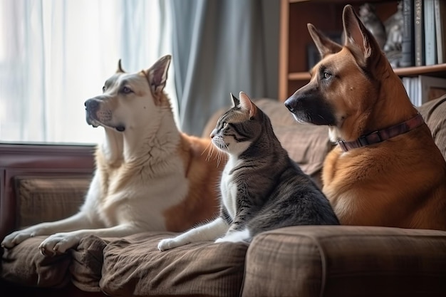 Para kotów i psów w przytulnym salonie oglądająca telewizję razem stworzona za pomocą generative ai