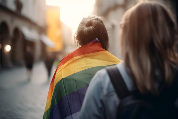 Para lesbijek z tęczową flagą LGBT na paradzie dumy gejowskiej