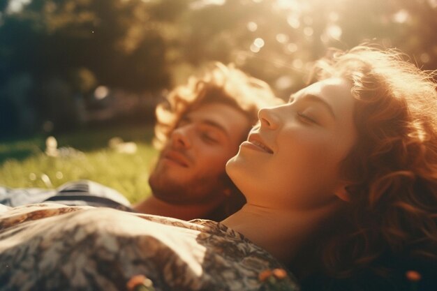 Para leży na trawie w słońcu, dziewczyna ma na sobie koszulę z napisem „miłość jest w powietrzu”
