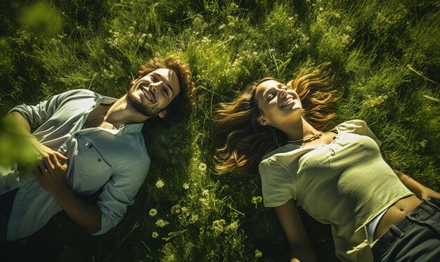 para leży na ziemi na polu trawy w stylu fotografii lotniczej