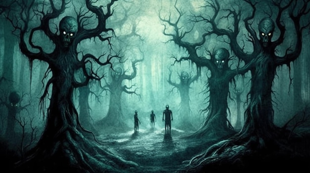 Para ludzi spacerujących po lesie z przerażającymi drzewami generatywnymi ai