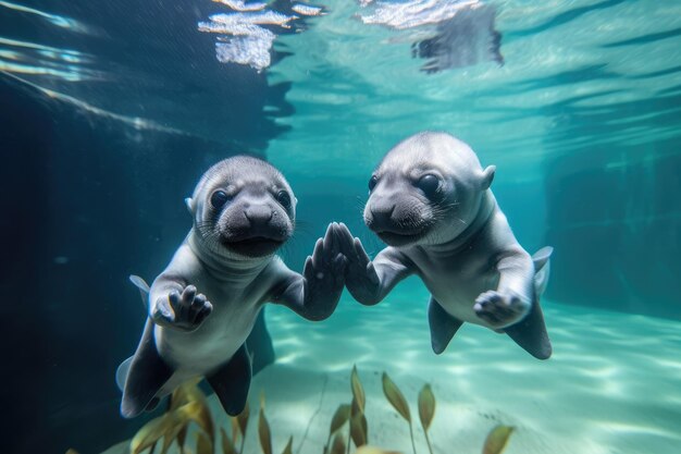 Para małych wydr trzymających się za ręce podczas pływania w podwodnym ogrodzie stworzonym za pomocą generatywnej sztucznej inteligencji