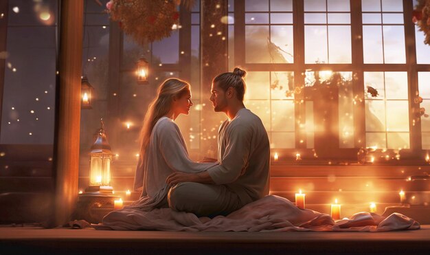 Zdjęcie para medytująca robi jogę dla dwóch w domu przy świecach wieczór religijny koncept