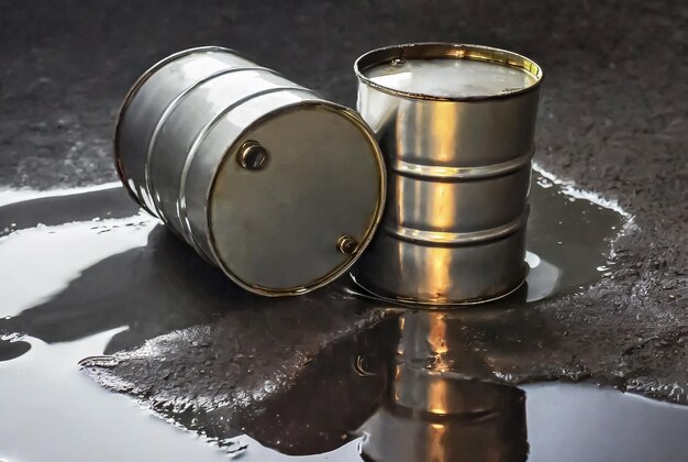 Zdjęcie para metalowych beczek z paliwem w kałuży ropy