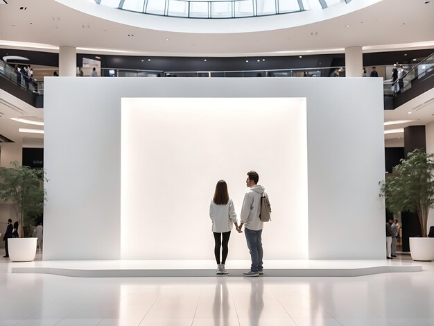 para mężczyzn i kobieta stojących przed dużą białą makietą pustego ekranu w centrum handlowym