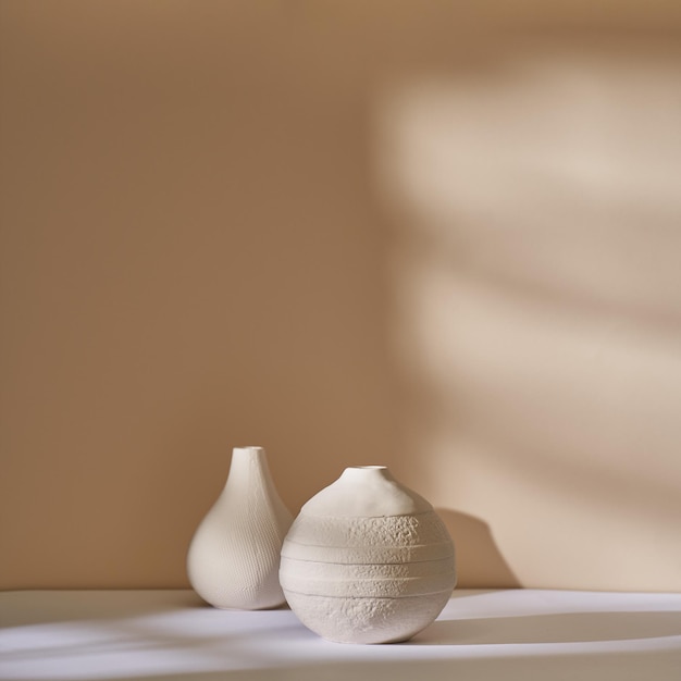 Para minimalistycznych ceramicznych doniczek na beżowej ścianie