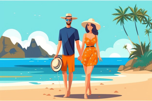 Para na plaży Urlop wellness Piękny obraz ilustracji Generative AI