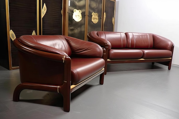 Para nowoczesnych sof i foteli z połowy wieku z bogatej skóry z mosiężnymi akcentami