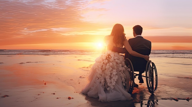 Para nowożeńców w strojach ślubnych na plaży o zachodzie słońca z miejscem na tekst