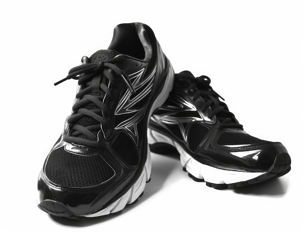 Para nowych niemarkowych czarnych sportowych butów do biegania lub trampek izolowanych na białym tle ze ścieżką przycinającą