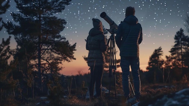 Zdjęcie para obserwatorów gwiazd patrzy na nocne niebo pełne gwiazd przez teleskop stoją w lesie niebo jest ciemne i czyste