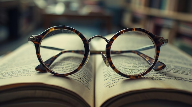 Para okularów umieszczona na górze książki fotograficzna fisheye nowa obiektywność AI Generative