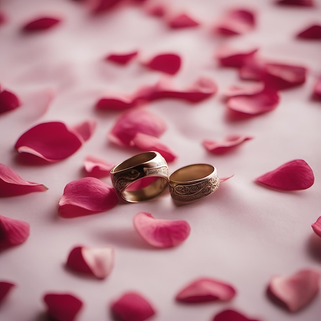 Zdjęcie para pierścieni obok płatków róż