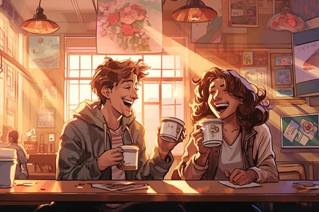 Para pijąca w kawiarni z obrazem dwóch ludzi pijących herbatę.