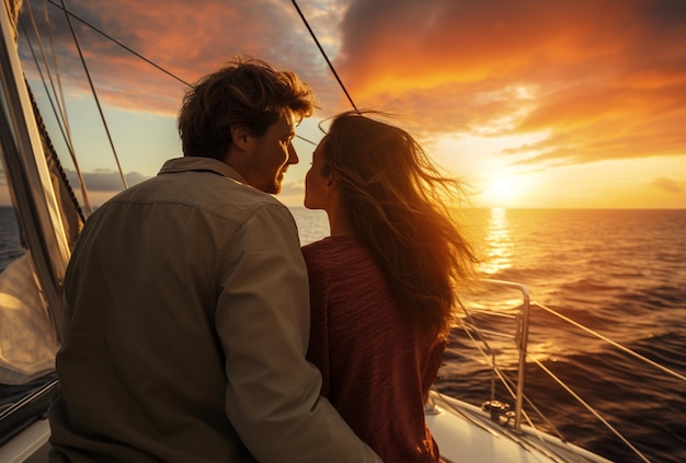 Para poślubna na statku wycieczkowym, oglądając zachód słońca