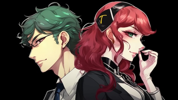Para postaci anime z czerwonymi włosami i zielonymi oczami