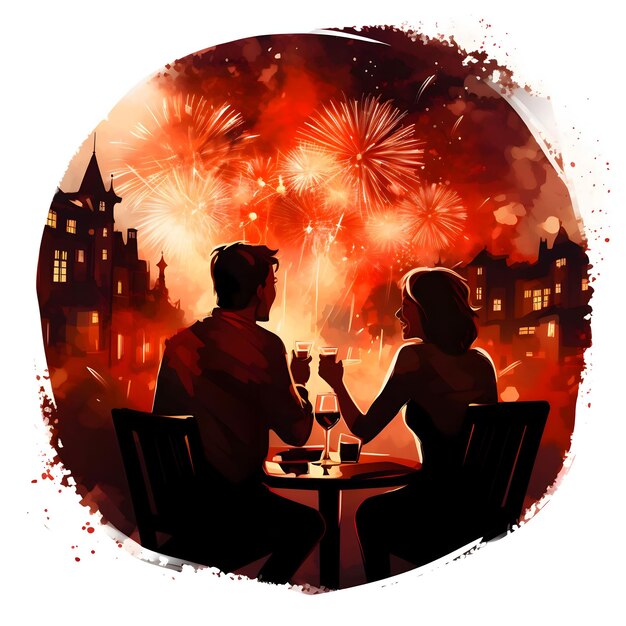 Zdjęcie para przy winie oglądająca pokaz fajerwerków w kręgu na białym tle nowy rok zabawa i uroczystości