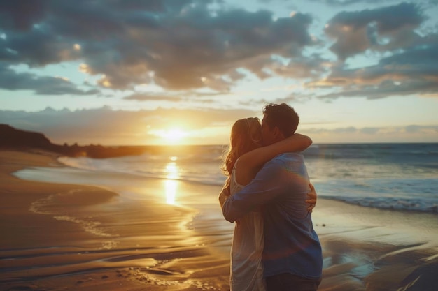 Para przytula się na plaży o zachodzie słońca