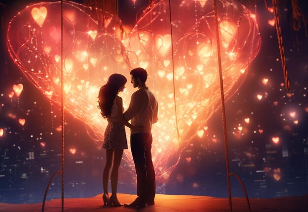 Zdjęcie para przytulająca się do siebie w walentynki, oświetlona ciepłym blaskiem wiszących serc