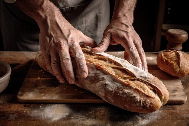 Para rąk kształtujących bochenek chleba w bagietkę z ukośnymi nacięciami utworzonymi za pomocą generatywnej ai