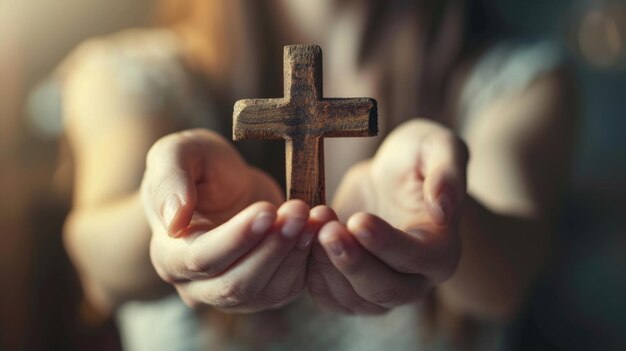 Zdjęcie para rąk przytuliła drewniany krzyż, przekazując poczucie wiary, modlitwy i duchowości