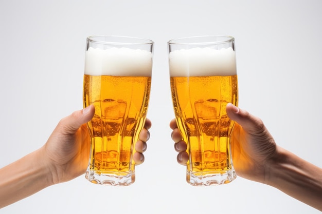 Para rąk Trzymając dwie szklanki piwa Trzymając szklanki piwa Dwuręczny uchwyt Szkło Bezpieczeństwo Wpływ alkoholu Uroczystość Okrzyki Wybór rodzaju piwa
