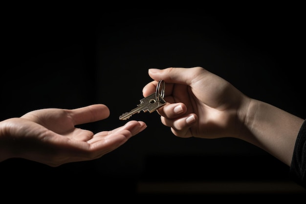 Para rąk wymieniających klucz do domu reprezentujących transakcję dotyczącą nieruchomości lub własność domu