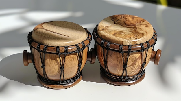 Zdjęcie para ręcznie wykonanych drewnianych bongo bongo wykonane są z jasnego drewna z akcentami ciemnego drewna bongo ozdobione czarną liną