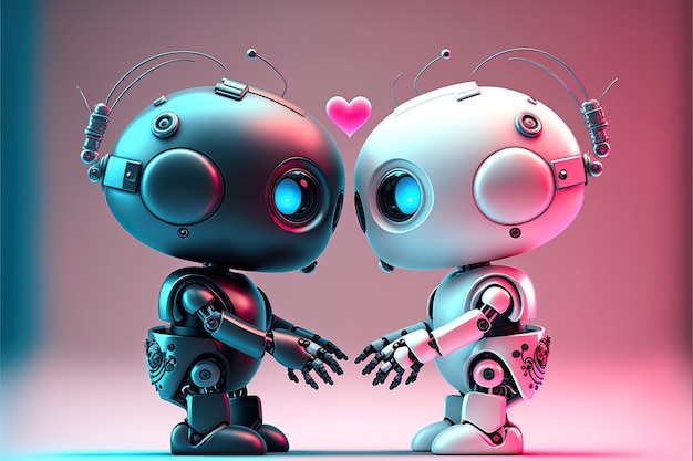 Para robotów patrzy na siebie z sercem pośrodku